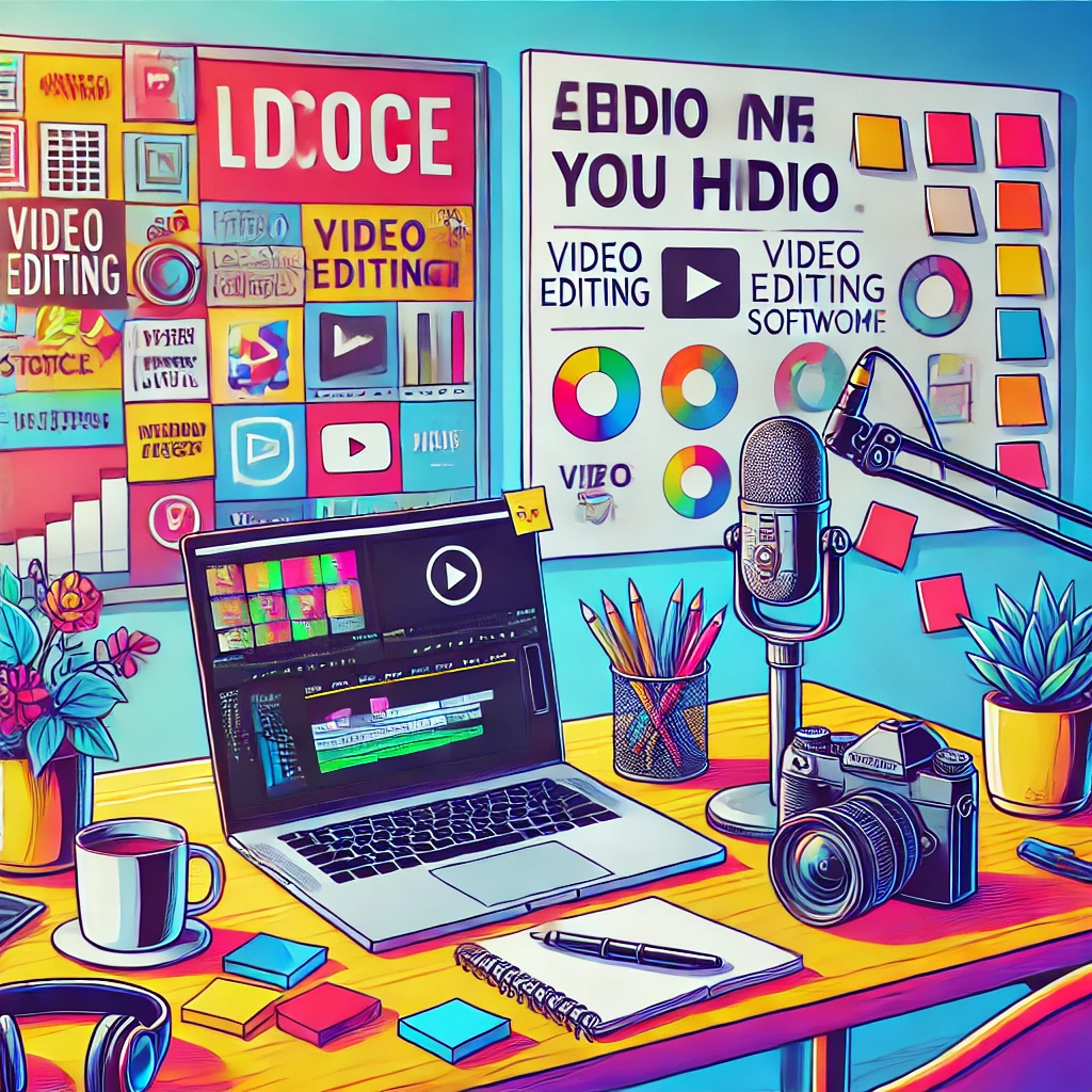 DALL·E 2024-11-19 21.19.34 - A vibrant illustration of a content creator's workspace, featuring a modern desk with a laptop displaying video editing software, a camera, a micropho
